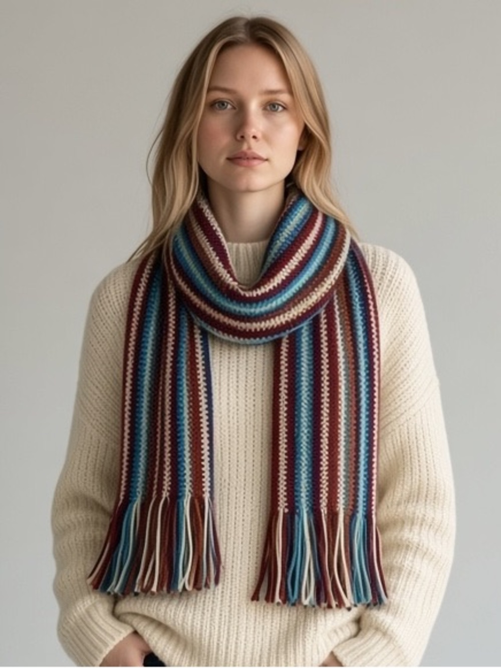 Manifattura Tessile Chiti Multi-Stripe Fringe Scarf Made in Italy Soft Unisex